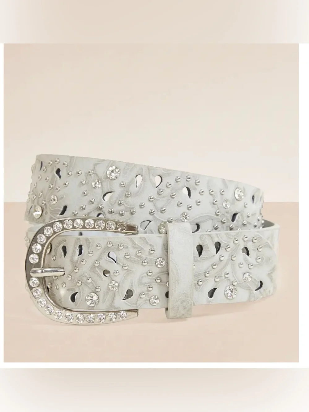NWT BKE Embossed Light Gray Faux Leather Rhinestone 1 1/2” W/Stud Accents Belt-L